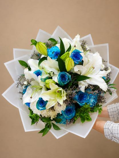 Azure Elegance™ – Blue Roses & White Lilies