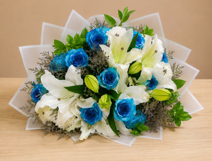 Azure Elegance™ – Blue Roses & White Lilies