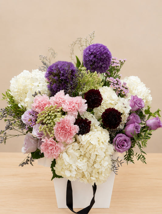 Amethyst Bloom – Purple Roses & Hydrangeas Luxury Bag Arrangement