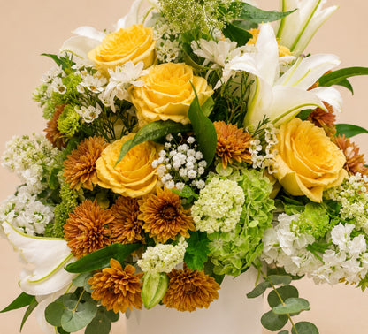 Golden Lily™ – Yellow Roses & White Lilies Vase Arrangement
