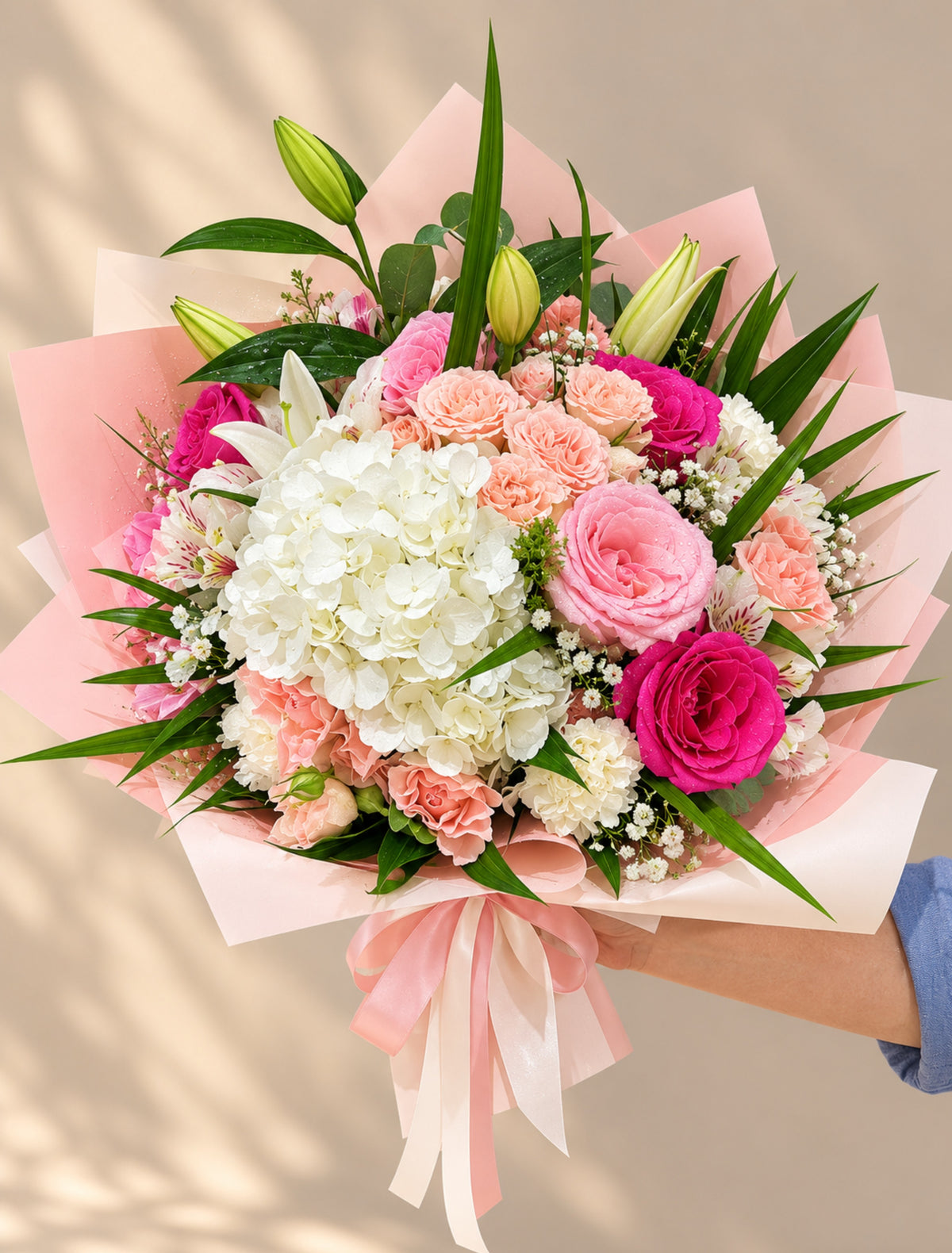 Blush Amour™ | Luxury Pink Roses, White Hydrangea & Lily Bouquet