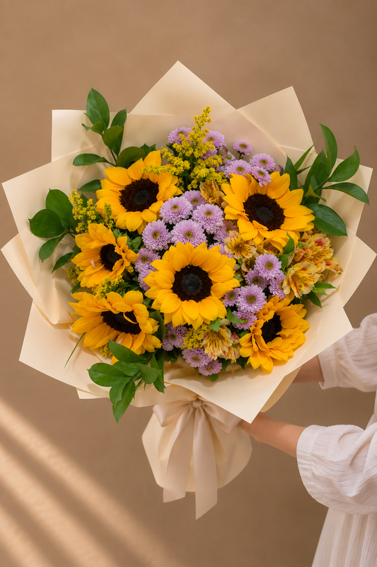 A vibrant flower bouquet featuring bright yellow sunflowers, purple daisies, and green foliage, wrapped in cream-colored paper and held by a person wearing a white long-sleeve top against a warm beige background.