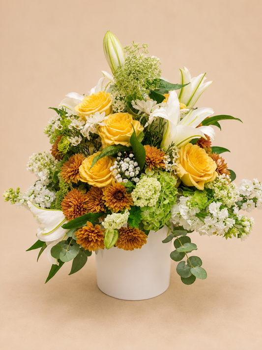 Golden Lily™ – Yellow Roses & White Lilies Vase Arrangement